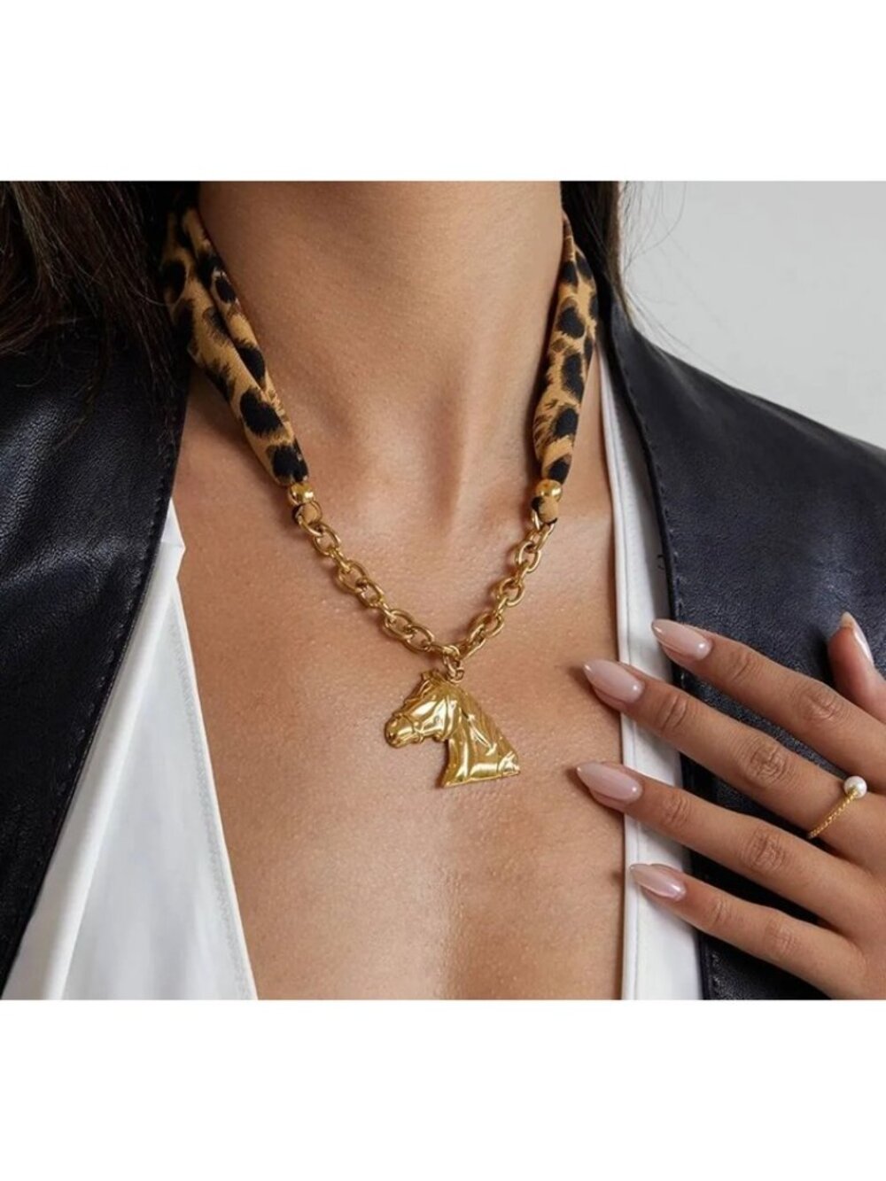 Gold Horse Pendant Necklace Leopard Print Scarf Waterproof Horse Necklace